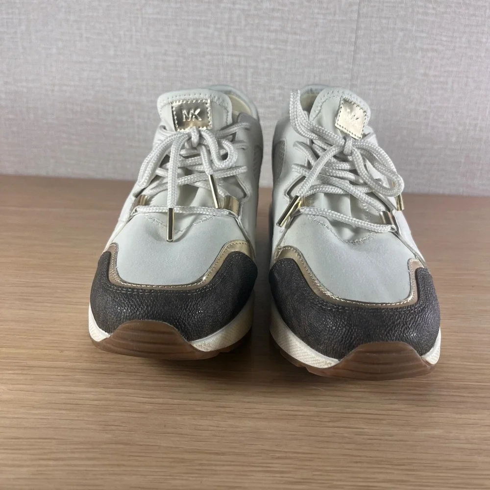 Michael Kors Georgie Trainer Wedge Sneakers Womens 9M White Gold Brown MK Logo